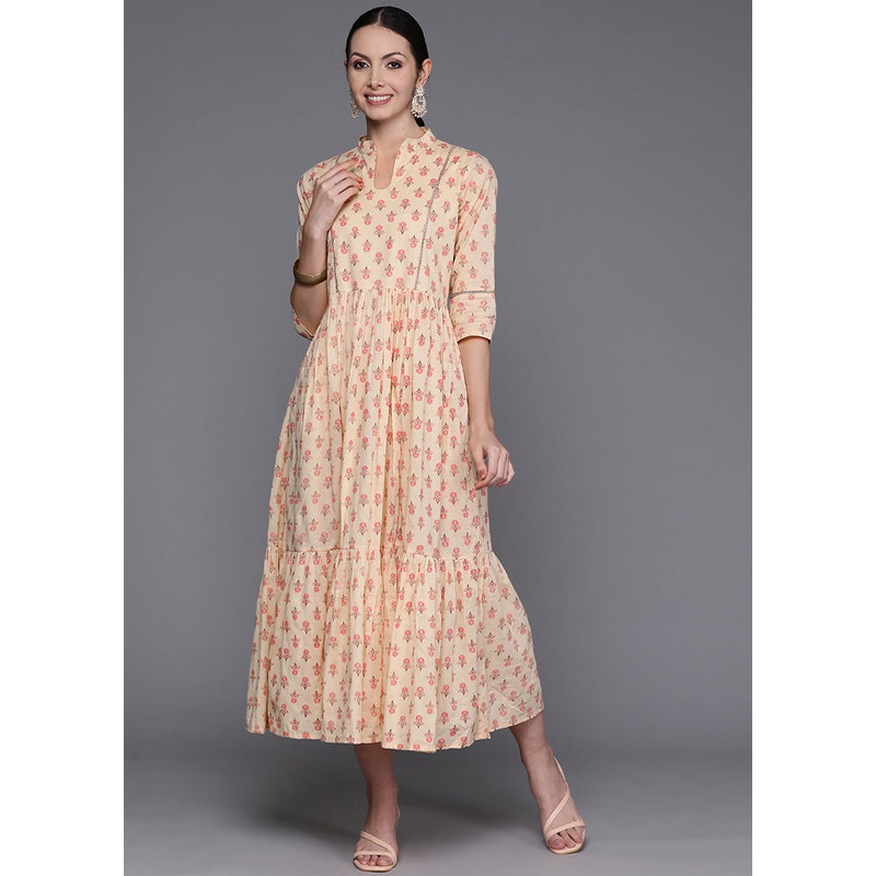Beige Readymade Cotton Indian Dress - JD986601726