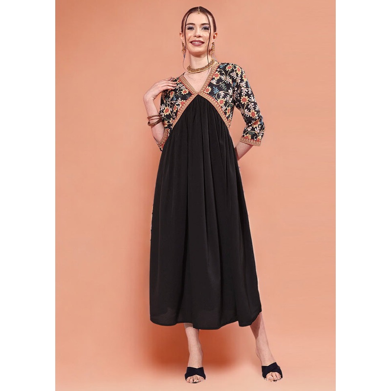 Black Readymade Silk Indian Dress - JD986601723
