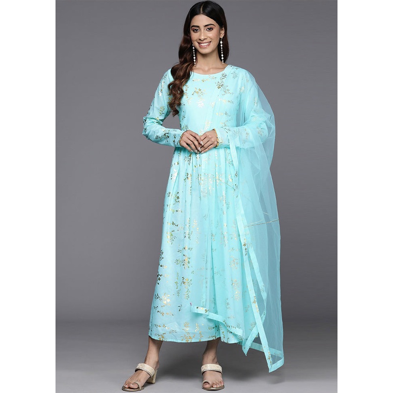 Blue Readymade Cotton Dupatta Indian Dress - JD986601722