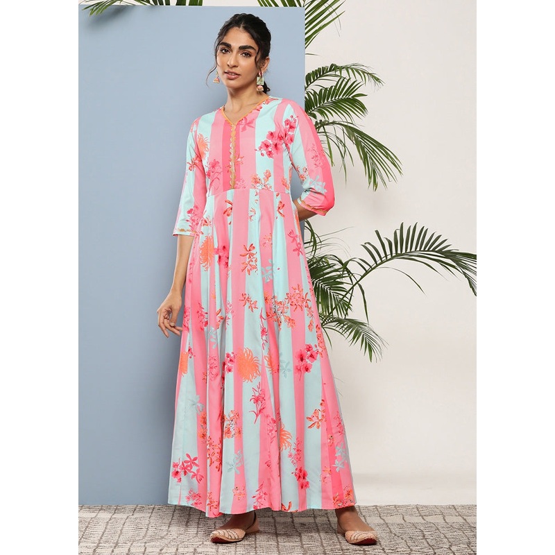 Coral Readymade Silk Indian Dress - JD986601717