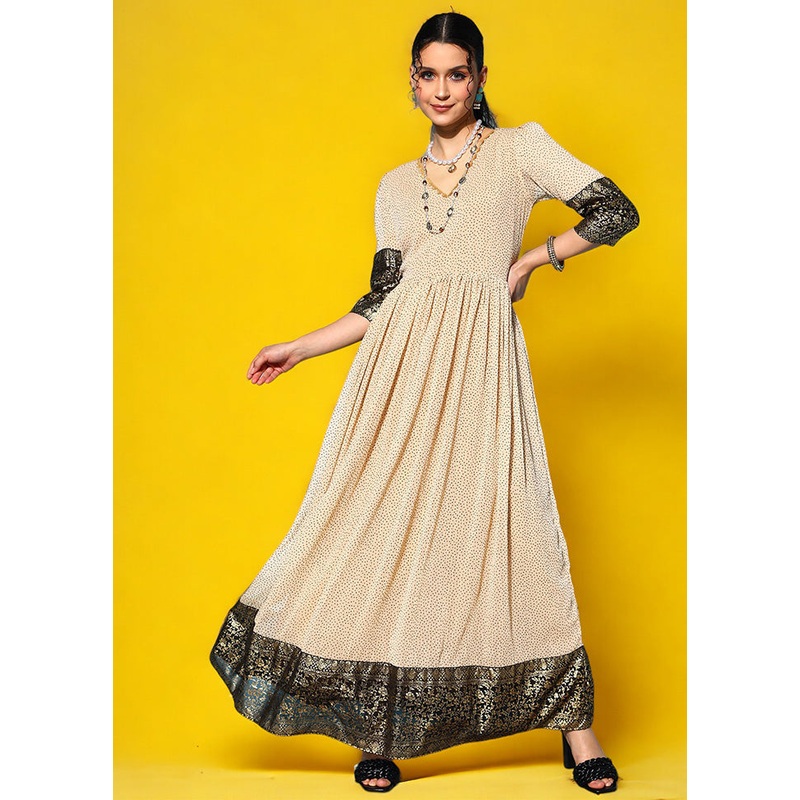 Cream Readymade Silk Indian Dress - JD986601716
