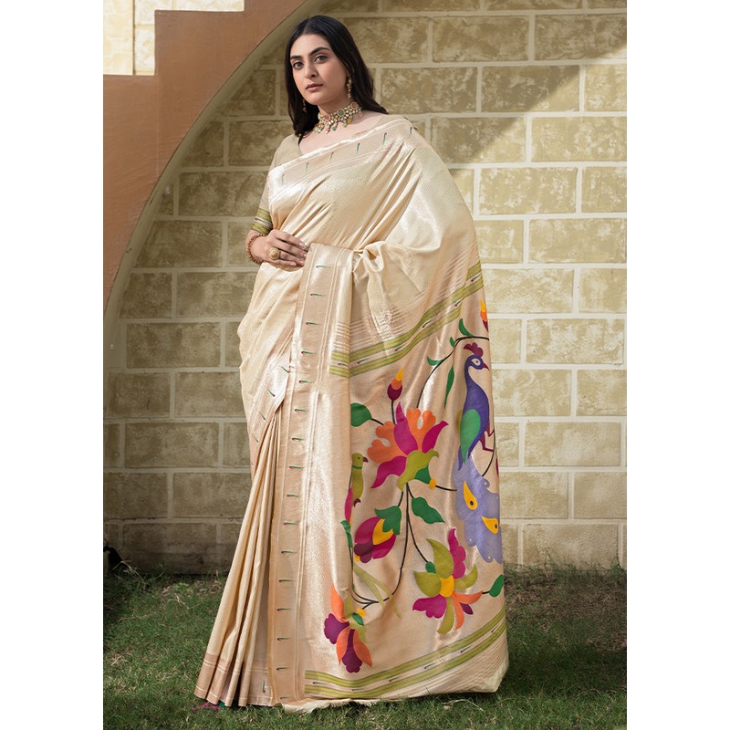 Cream Spun Silk Saree With Blouse Piece - JD986601828
