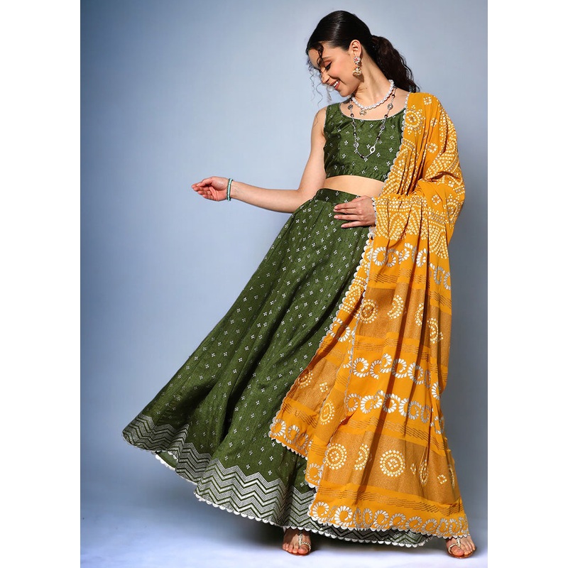 Dark Green Silk Readymade Lehenga With Dupatta - JD986601655