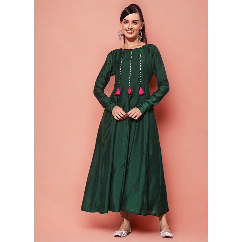 Green Readymade Chanderi Indian Dress - JD986601715