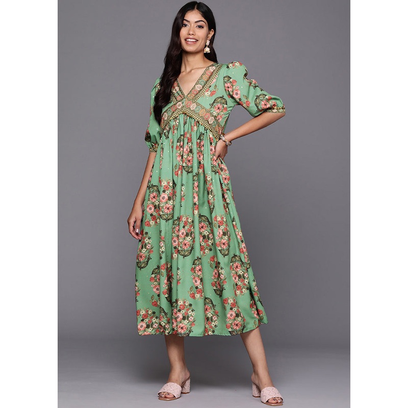 Green Readymade Silk Indian Dress - JD986601711