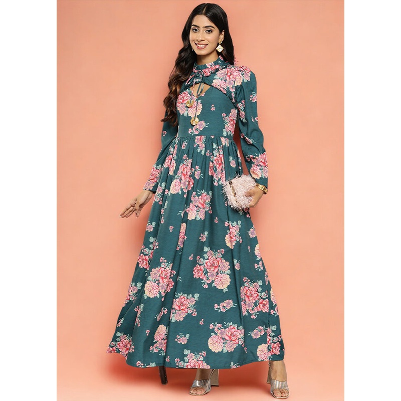 Green Readymade Silk Indian Dress - JD986601713