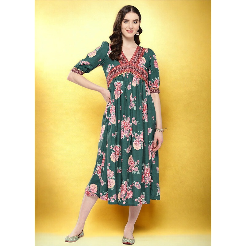 Green Readymade Silk Indian Dress - JD986601714