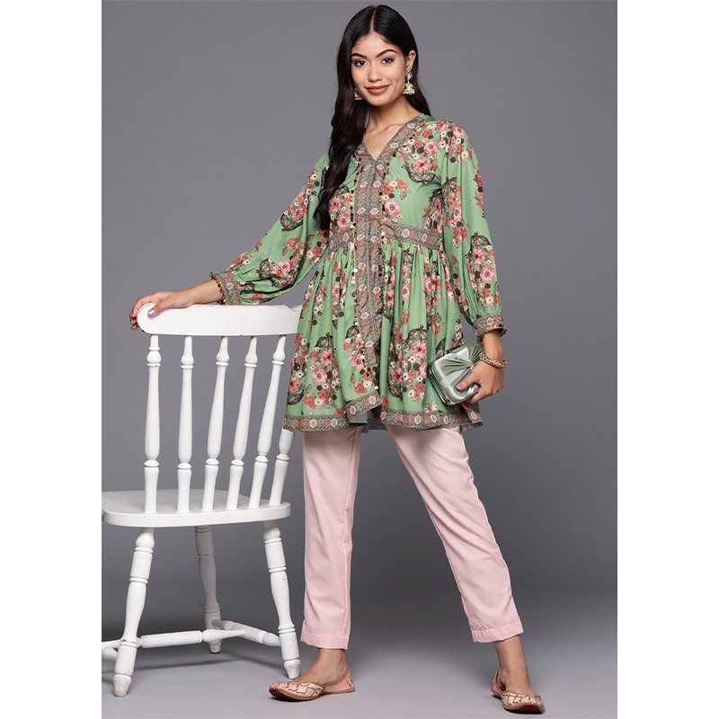 Green Readymade Silk Tunic - JD986601768