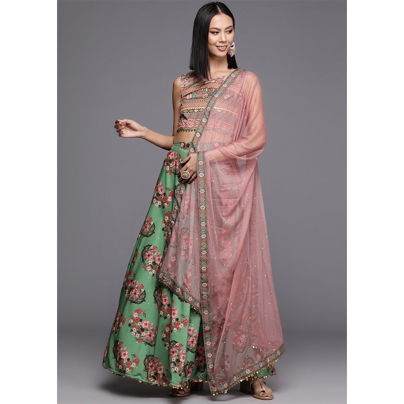Green Silk Readymade Lehenga With Dupatta - JD986601652
