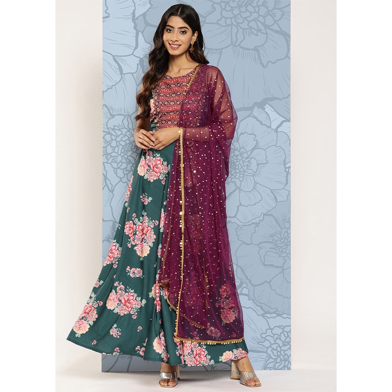 Green Silk Readymade Lehenga With Dupatta - JD986601653
