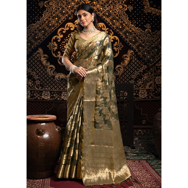 Grey Banarasi Silk Saree With Blouse Piece - JD986601825