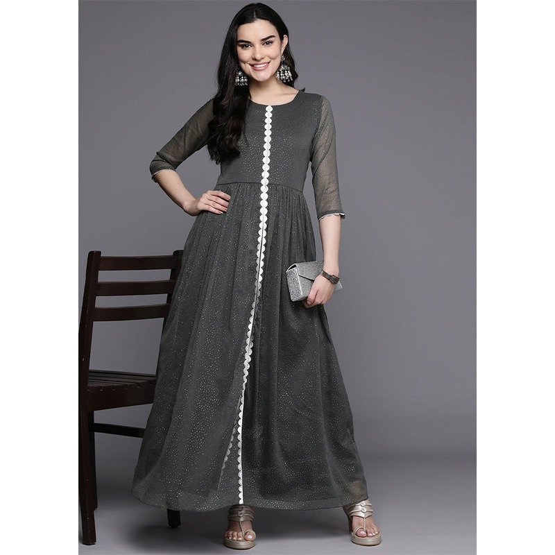 Grey Readymade Silk Indian Dress - JD986601708