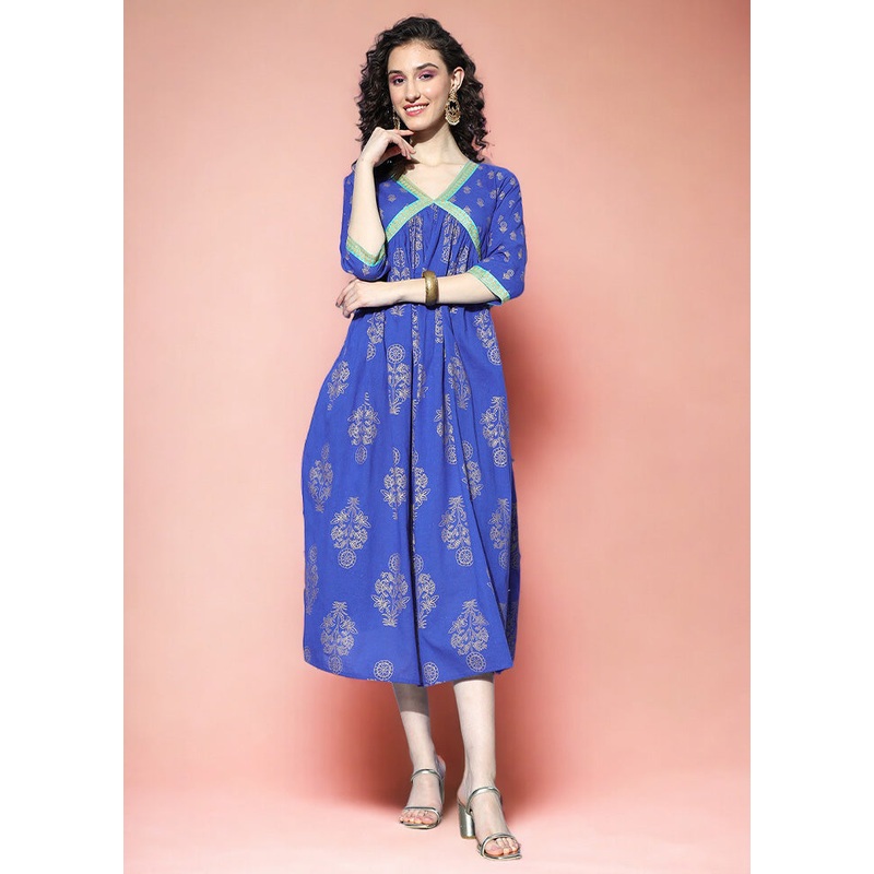 Indigo Blue Readymade Cotton Indian Dress - JD986601706