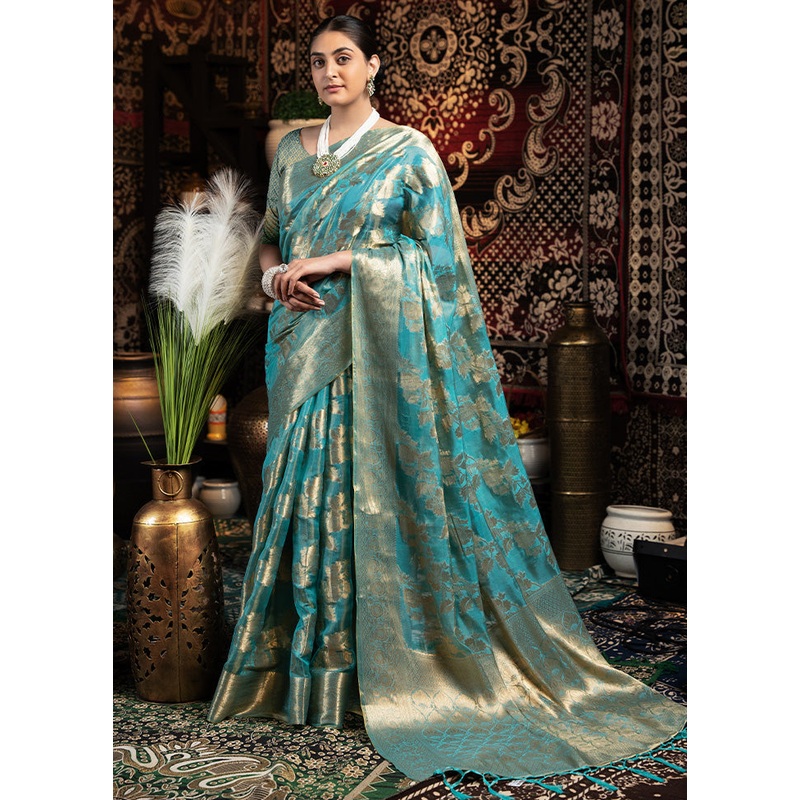 Light Blue Banarasi Silk Saree With Blouse Piece - JD986601822