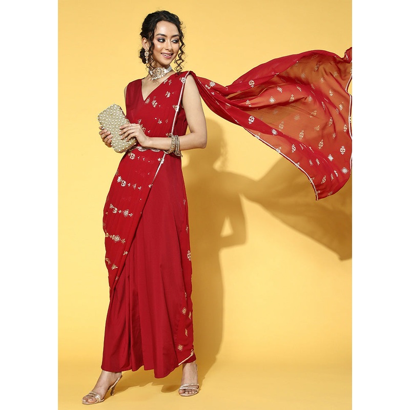 Maroon Readymade Polyester Indian Dress - JD986601700