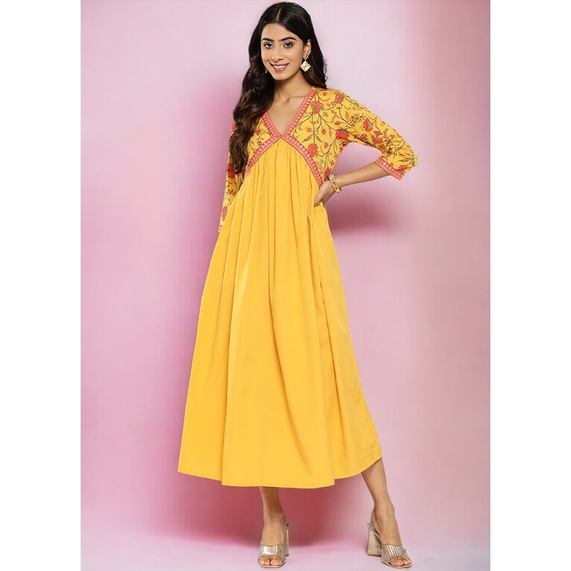 Mustard Readymade Silk Indian Dress - JD986601696