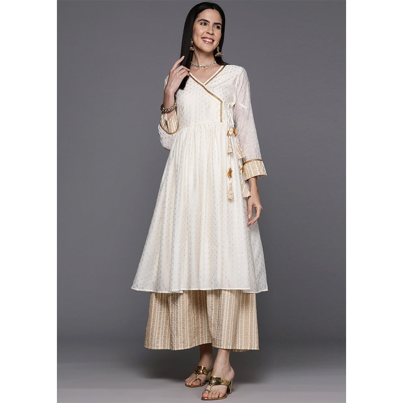 Off White Readymade Chanderi Indian Dress - JD986601694