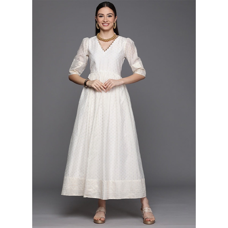 Off White Readymade Chanderi Indian Dress - JD986601695