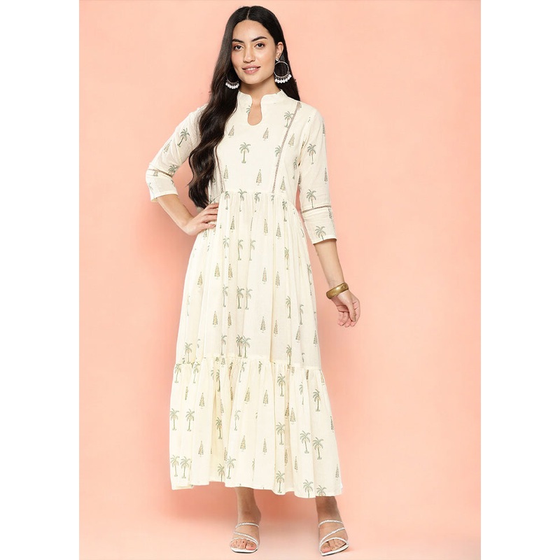 Off White Readymade Cotton Indian Dress - JD986601693