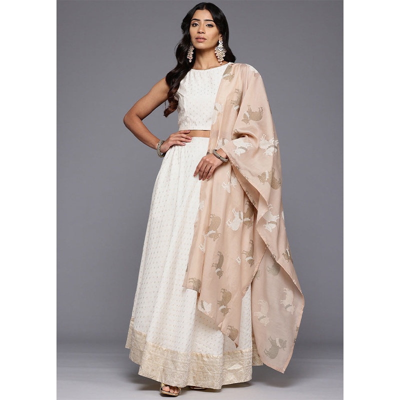 Off White Silk Readymade Lehenga With Dupatta - JD986601650
