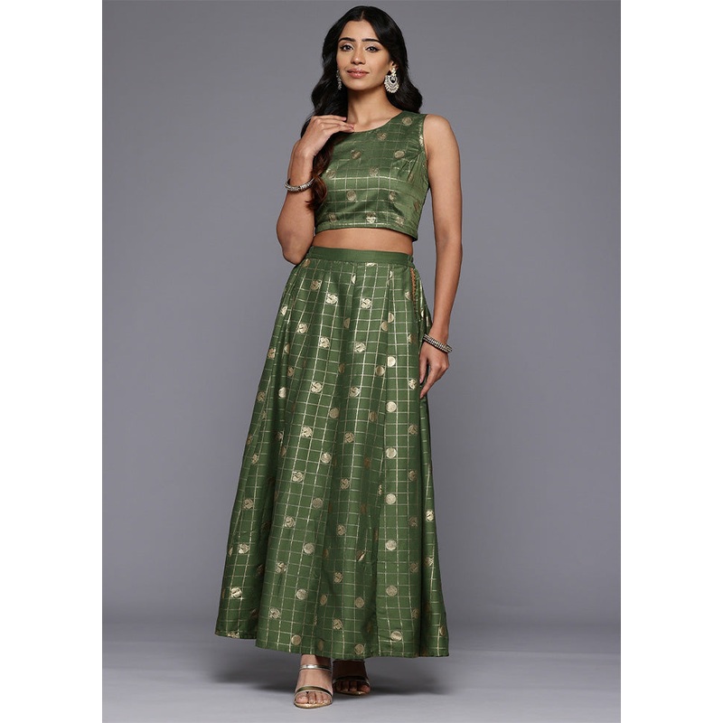 Olive Green Silk Readymade Lehenga - JD986601648