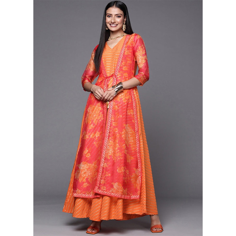 Orange Readymade Silk Indian Dress - JD986601689