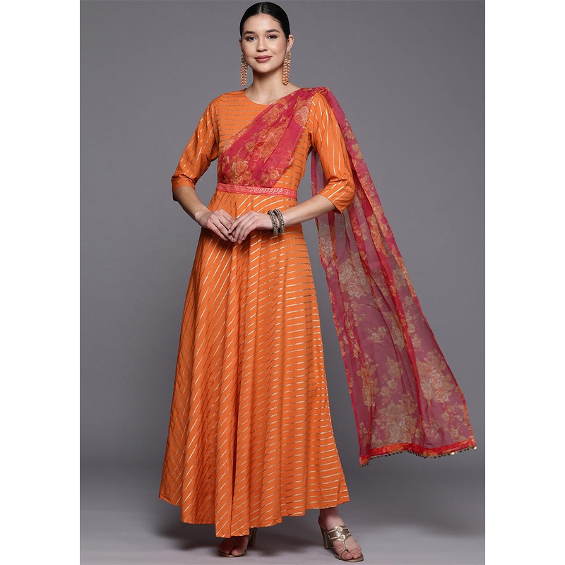 Orange Readymade Silk Indian Dress - JD986601690