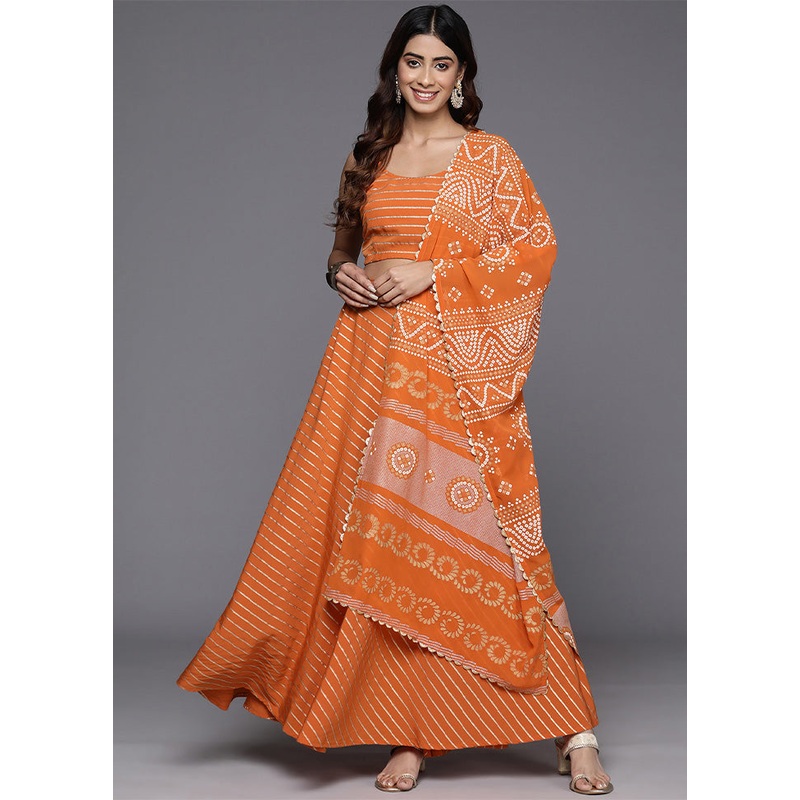 Orange Silk Readymade Lehenga With Dupatta - JD986601647