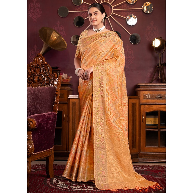 Orange Spun Silk Saree With Blouse Piece - JD986601820