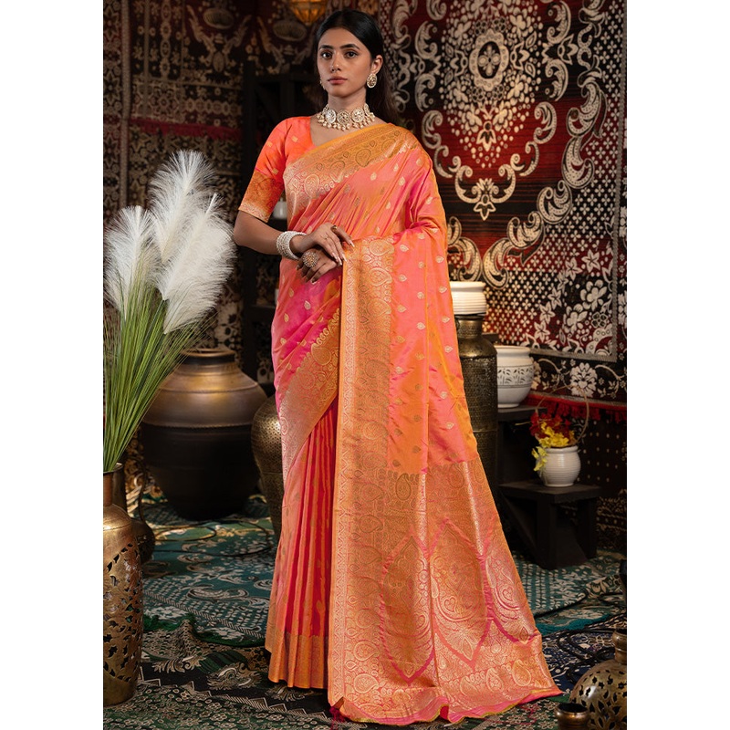 Peach Banarasi Silk Saree With Blouse Piece - JD986601819
