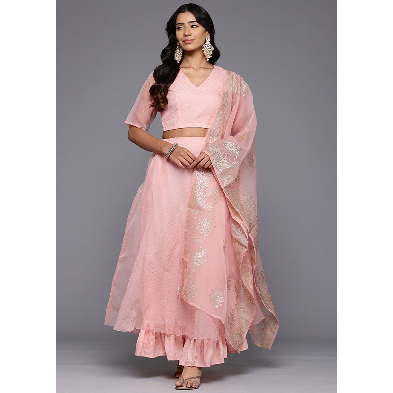 Pink Net Readymade Lehenga With Dupatta - JD986601645