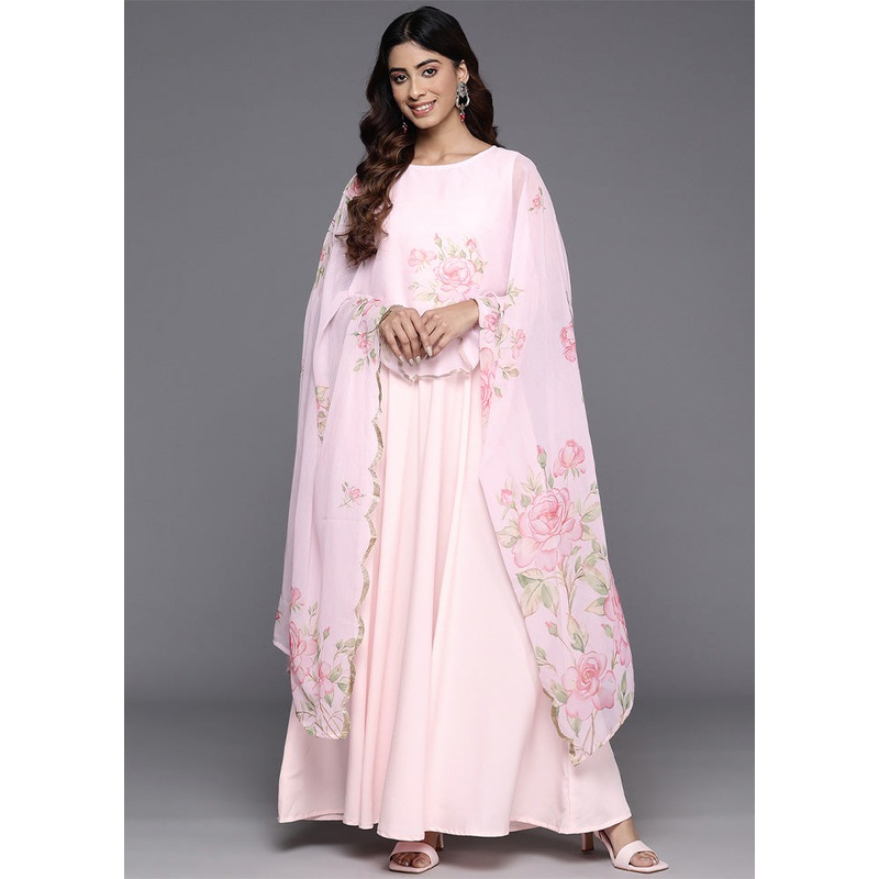 Pink Readymade Silk Indian Dress - JD986601681