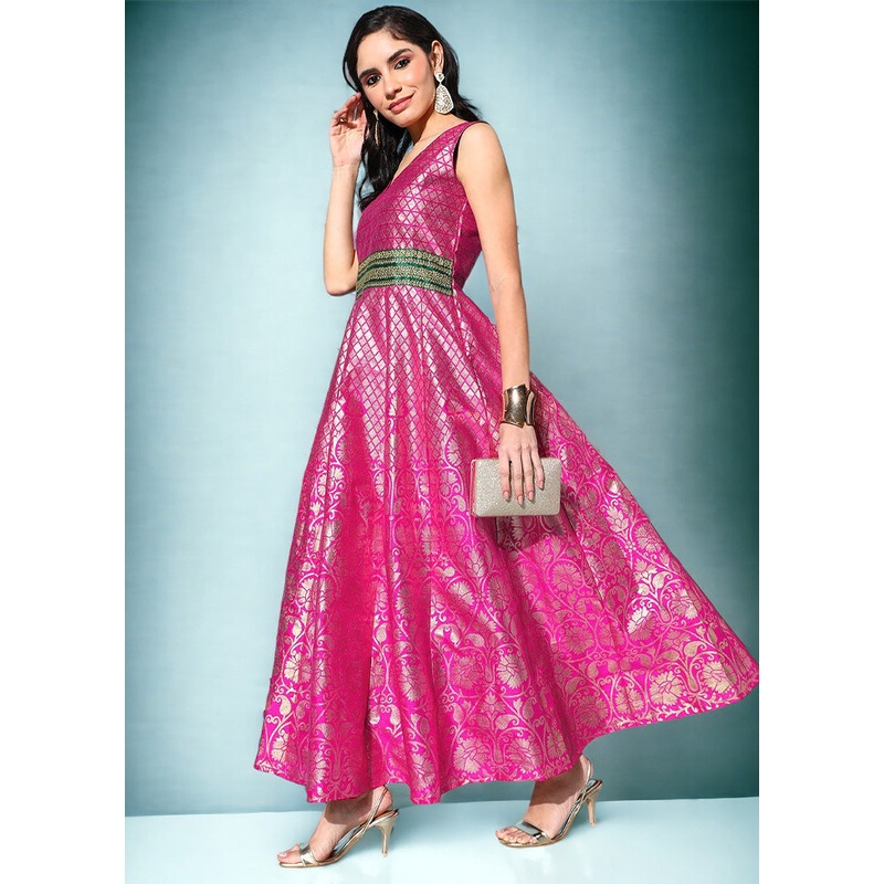 Pink Readymade Silk Indian Dress - JD986601682