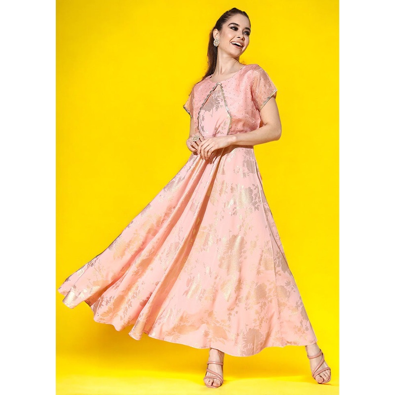 Pink Readymade Silk Indian Dress - JD986601683