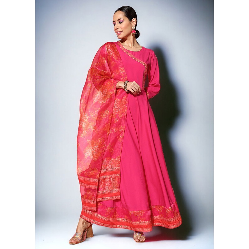 Pink Readymade Silk Indian Dress - JD986601684