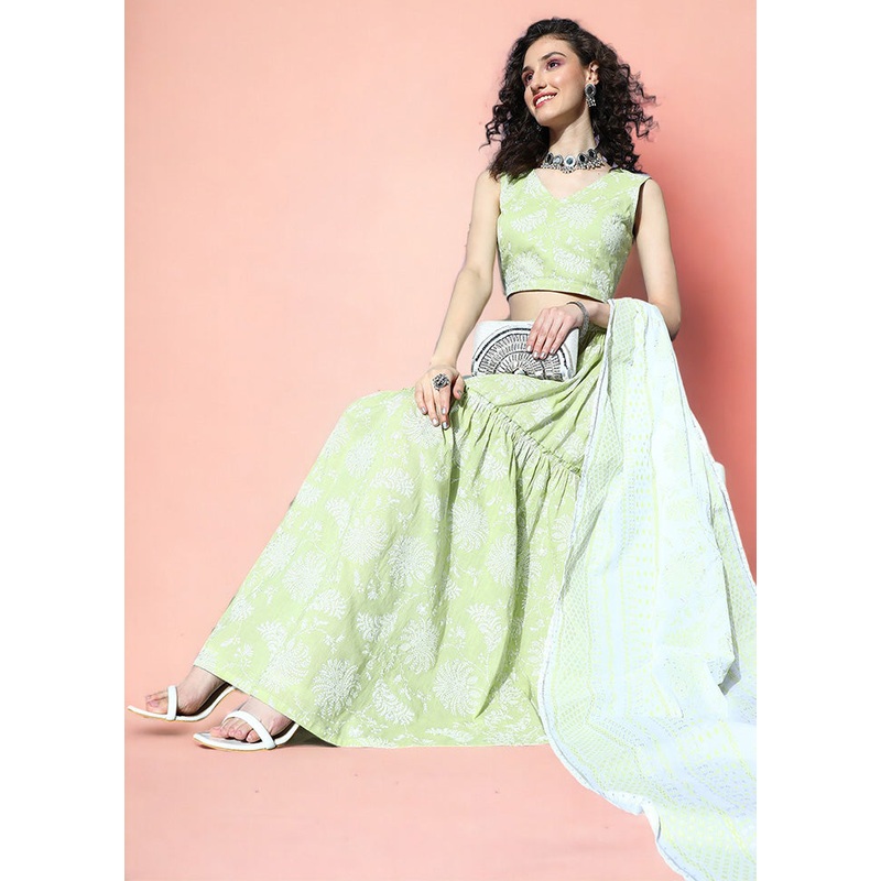 Pista Green Cotton Readymade Lehenga With Dupatta - JD986601644
