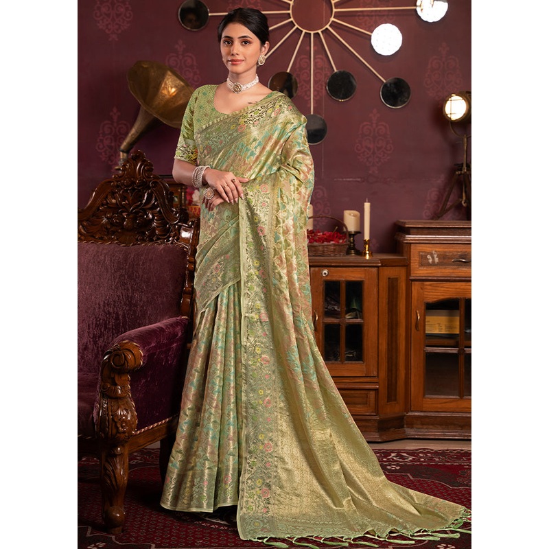 Pista Green Spun Silk Saree With Blouse Piece - JD986601814