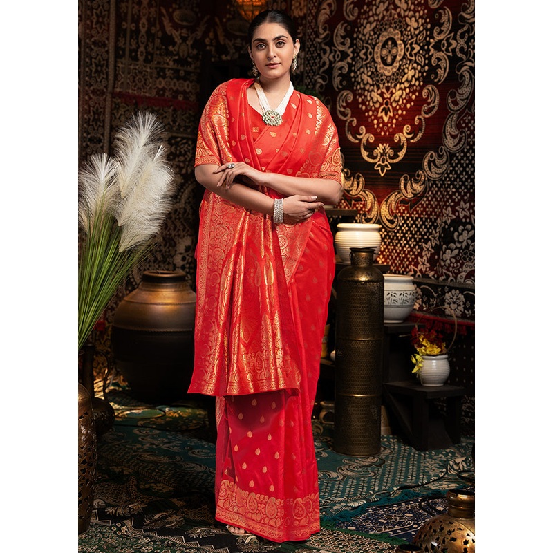 Red Banarasi Silk Saree With Blouse Piece - JD986601812