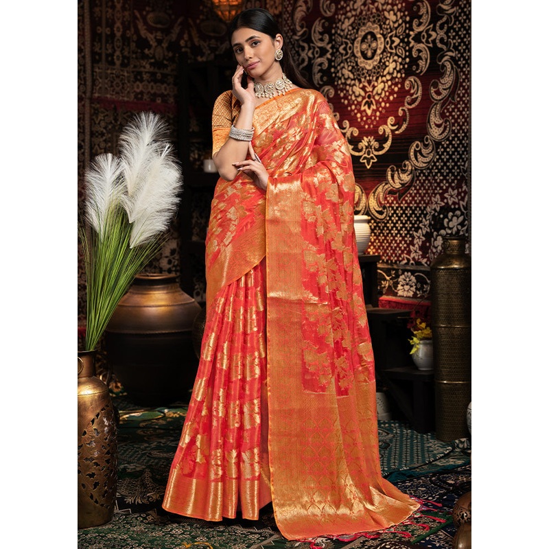 Red Banarasi Silk Saree With Blouse Piece - JD986601813