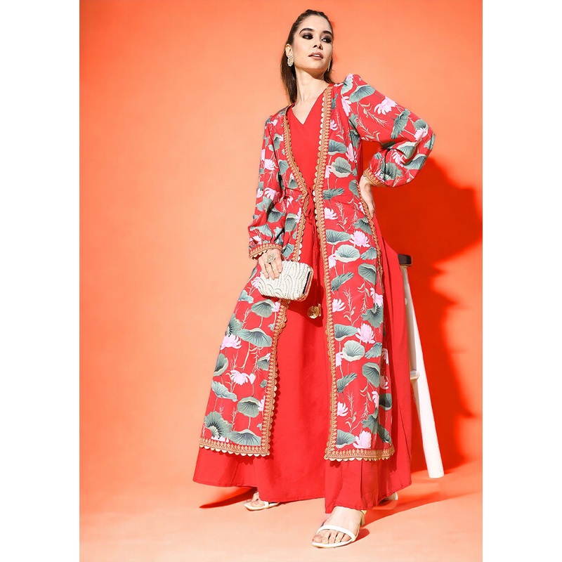 Red Readymade Silk Indian Dress - JD986601671