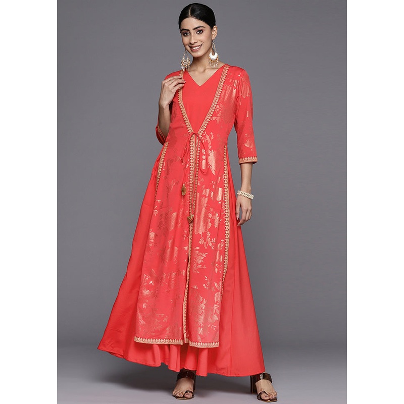Red Readymade Silk Indian Dress - JD986601673