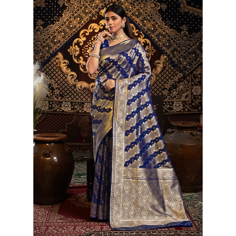 Royal Blue Banarasi Silk Saree With Blouse Piece - JD986601810