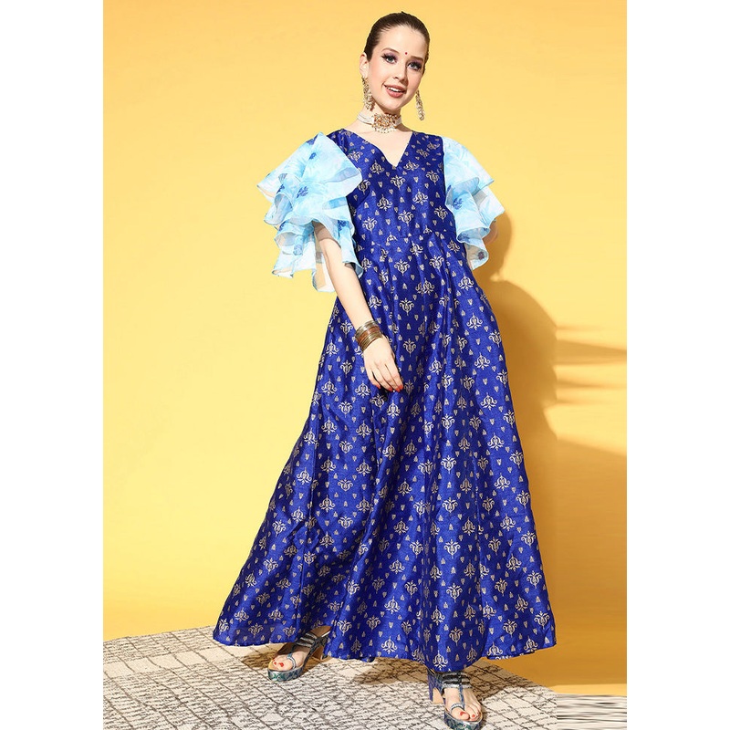 Royal Blue Readymade Silk Indian Dress - JD986601670
