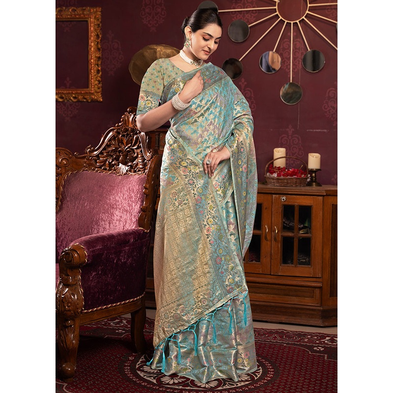 Sky Blue Spun Silk Saree With Blouse Piece - JD986601809