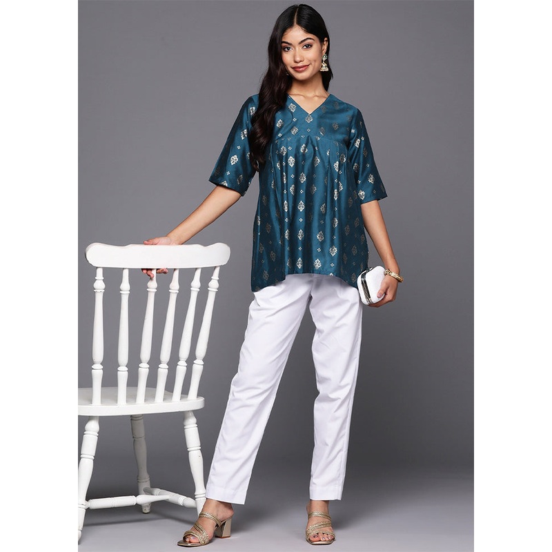 Teal Blue Readymade Silk Tunic - JD986601740