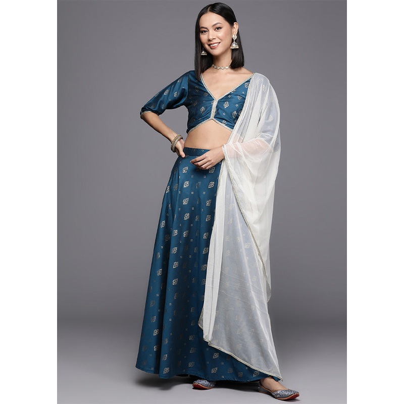 Teal Blue Silk Readymade Lehenga With Dupatta - JD986601642