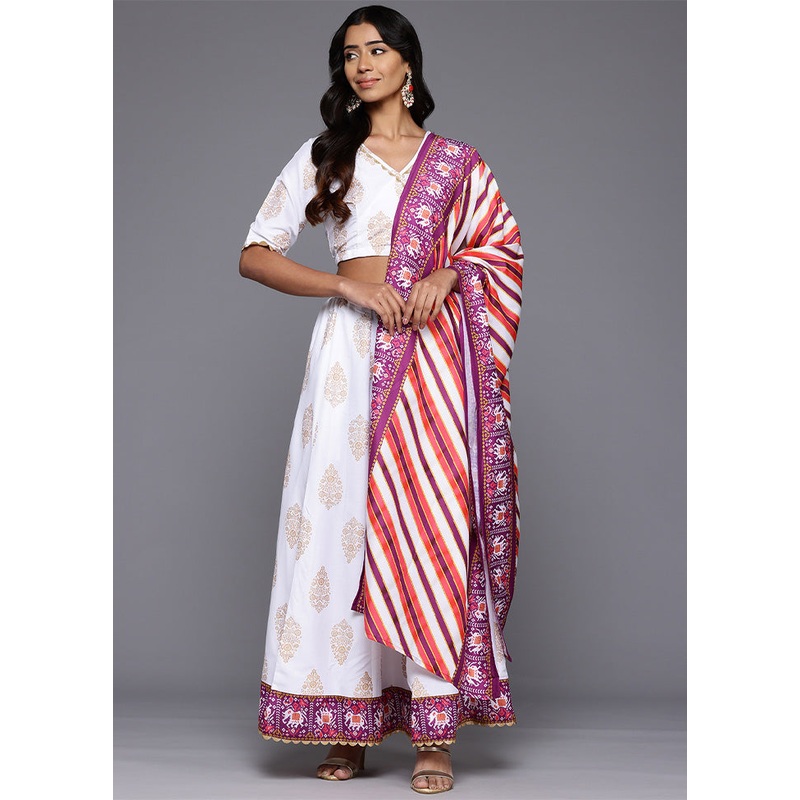 White Silk Readymade Lehenga With Dupatta - JD986601641