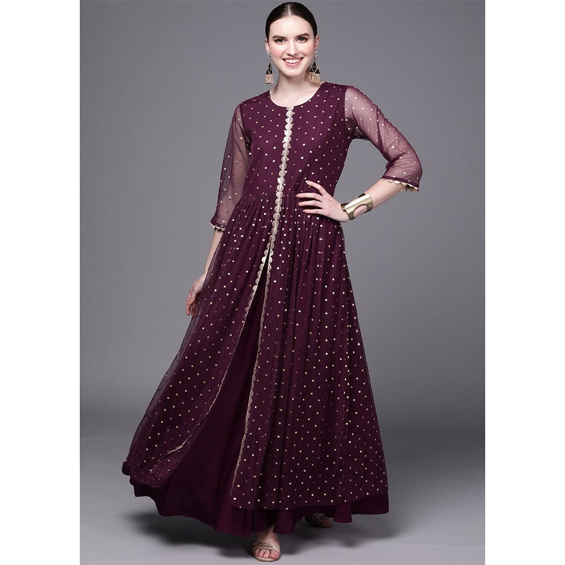 Wine Readymade Net Indian Dress - JD986601665