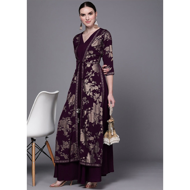 Wine Readymade Silk Indian Dress - JD986601663