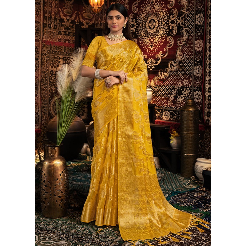 Yellow Banarasi Silk Saree With Blouse Piece - JD986601807